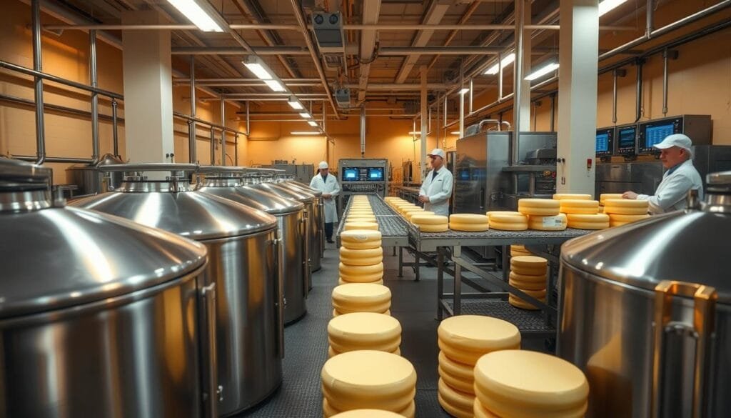 A modern cheese factory interior, bathed in warm, amber lighting. In the foreground, rows of stainless steel vats and churns churn and process fresh curds. The middle ground showcases a high-tech, automated packaging line, efficiently wrapping and sealing blocks of Swiss cheese. In the background, technicians in white coats monitor digital displays, ensuring precision temperature and humidity controls. Gleaming metal surfaces, clean lines, and the hum of machinery convey the efficiency and technological advancement of this contemporary cheesemaking facility.
