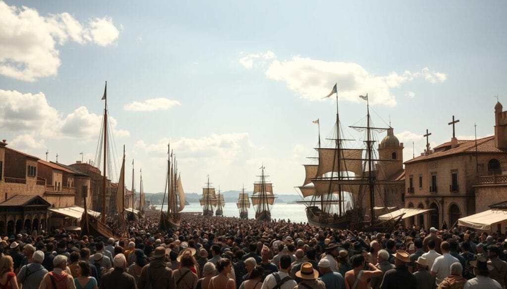 A panoramic view of a 15th century port city, the bustling docks teeming with ships and sailors, masts reaching skyward. In the distance, a fleet of caravels sets sail, their sails billowing in the wind as they embark on a voyage of discovery. The foreground is filled with the diverse crowd - merchants, explorers, and curious onlookers - capturing the excitement and anticipation of the historic moment. Warm Mediterranean light bathes the scene, casting dramatic shadows and highlights that accentuate the architectural details of the old world buildings. An air of mystery and adventure permeates the atmosphere, hinting at the uncharted lands and untold riches that lie beyond the horizon. A panoramic view of a 15th century port city, the bustling docks teeming with ships and sailors, masts reaching skyward. In the distance, a fleet of caravels sets sail, their sails billowing in the wind as they embark on a voyage of discovery. The foreground is filled with the diverse crowd - merchants, explorers, and curious onlookers - capturing the excitement and anticipation of the historic moment. Warm Mediterranean light bathes the scene, casting dramatic shadows and highlights that accentuate the architectural details of the old world buildings. An air of mystery and adventure permeates the atmosphere, hinting at the uncharted lands and untold riches that lie beyond the horizon.