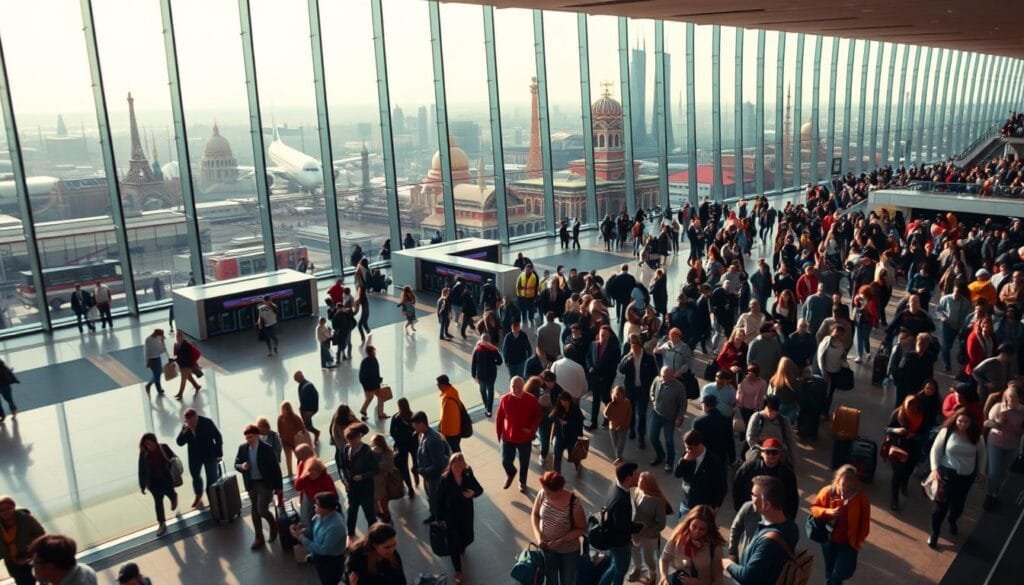 A panoramic view of a global transportation hub, bustling with activity. In the foreground, a diverse crowd of travelers seamlessly navigating through the terminals, luggage in hand, expressions of excitement and wonder. The middle ground features a sleek, futuristic airport architecture, with floor-to-ceiling windows offering glimpses of the world beyond. In the background, a tapestry of iconic landmarks from various cultures and regions, blending together in a harmonious celebration of interconnectedness. The scene is bathed in warm, natural lighting, capturing the essence of a world without borders, where exploration and discovery are the norm. An atmosphere of boundless possibilities, where the boundaries between nations fade, and the globe becomes a single, interconnected canvas for cultural exchange and unforgettable experiences.