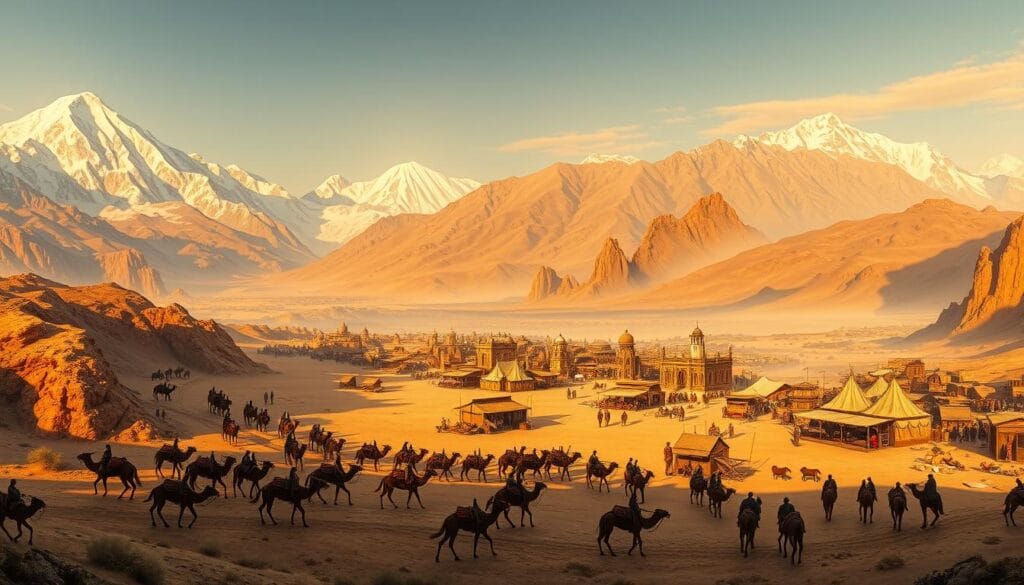 A panoramic view of the Silk Road trading routes during the era of the Polo family's journeys, rendered in a detailed historical style. In the foreground, caravans of camels and horse-drawn carts wind through mountainous terrain, laden with precious goods. The middle ground features bustling market towns, with tents, stalls, and merchants exchanging wares. In the background, towering snow-capped peaks loom, conveying a sense of the vast, untamed landscapes the Polo family would have traversed. The scene is illuminated by warm, golden sunlight, casting long shadows and creating an atmosphere of adventure and discovery. A panoramic view of the Silk Road trading routes during the era of the Polo family's journeys, rendered in a detailed historical style. In the foreground, caravans of camels and horse-drawn carts wind through mountainous terrain, laden with precious goods. The middle ground features bustling market towns, with tents, stalls, and merchants exchanging wares. In the background, towering snow-capped peaks loom, conveying a sense of the vast, untamed landscapes the Polo family would have traversed. The scene is illuminated by warm, golden sunlight, casting long shadows and creating an atmosphere of adventure and discovery.