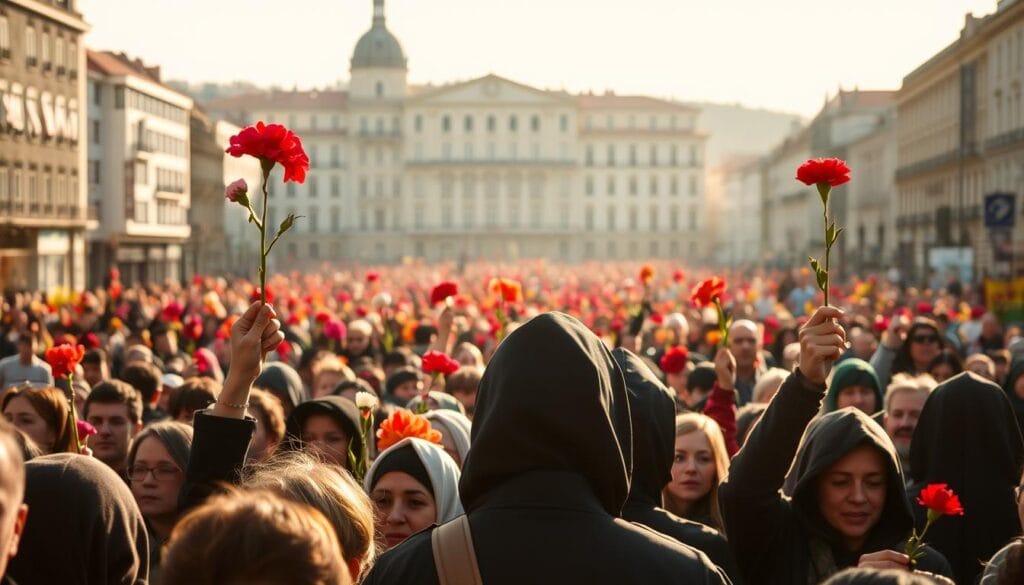 A peaceful protest in the streets of Lisbon, Portugal, with a crowd of people holding colorful carnations, symbolizing the "Carnation Revolution" that ended the Estado Novo dictatorship. In the foreground, individuals from diverse backgrounds raise their flowers, their faces expressing a mix of determination and hope. The middle ground captures the scale of the gathering, with a sea of cloaked figures stretching into the distance. In the background, the iconic architecture of the city provides a timeless backdrop, bathed in warm, golden light that conveys a sense of historic significance. The overall scene evokes the nonviolent nature of the transition, with the flowers representing the catalyst for profound societal change. A peaceful protest in the streets of Lisbon, Portugal, with a crowd of people holding colorful carnations, symbolizing the "Carnation Revolution" that ended the Estado Novo dictatorship. In the foreground, individuals from diverse backgrounds raise their flowers, their faces expressing a mix of determination and hope. The middle ground captures the scale of the gathering, with a sea of cloaked figures stretching into the distance. In the background, the iconic architecture of the city provides a timeless backdrop, bathed in warm, golden light that conveys a sense of historic significance. The overall scene evokes the nonviolent nature of the transition, with the flowers representing the catalyst for profound societal change.