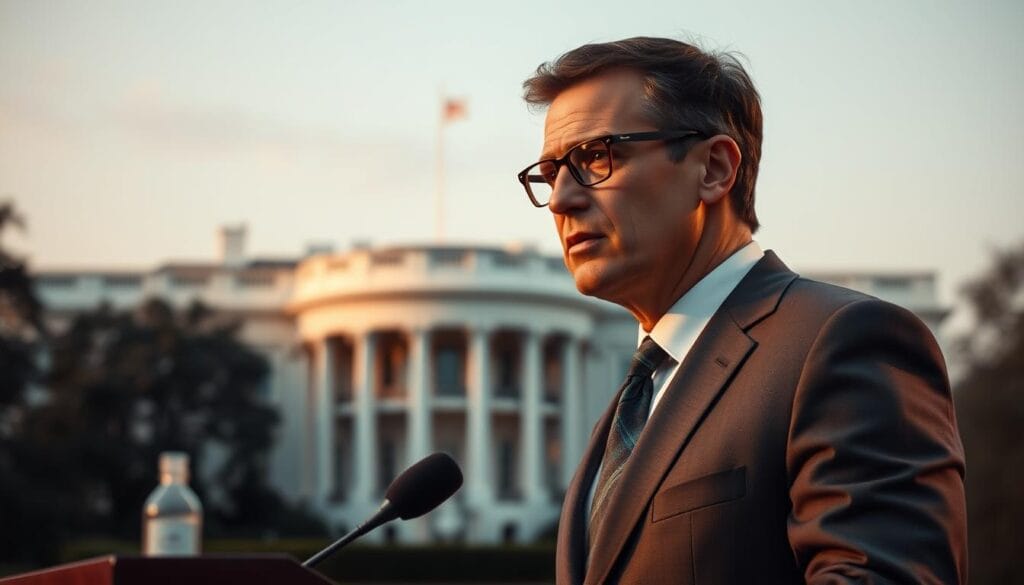 A pensive, bespectacled man in a crisp suit stands at a podium, his brow furrowed in deep contemplation. Soft, warm lighting bathes the scene, creating an atmosphere of thoughtful introspection. In the background, a grand, stately building - the White House - stands as a symbol of power and authority. The man's posture exudes a sense of quiet leadership, as if he is drawing inspiration from the muse of poetry to craft his words. The composition highlights the juxtaposition of the intellectual and the political, a fusion of the creative and the practical, embodying the "Poet in the White House" concept.