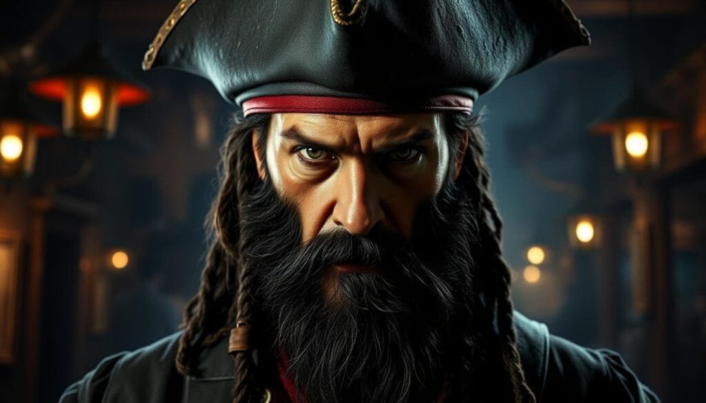 A pensive, brooding portrait of the infamous pirate Edward Teach, better known as "Blackbeard". The subject's piercing gaze commands attention, his rugged features accentuated by dramatic lighting casting dramatic shadows across his face. The background is a hazy, atmospheric rendering of a dimly lit 18th century tavern, hinting at the secretive, underground world Blackbeard inhabited. The overall mood is one of mystery and intrigue, befitting the enigmatic origins and notorious deeds of this legendary figure of the high seas. A pensive, brooding portrait of the infamous pirate Edward Teach, better known as "Blackbeard". The subject's piercing gaze commands attention, his rugged features accentuated by dramatic lighting casting dramatic shadows across his face. The background is a hazy, atmospheric rendering of a dimly lit 18th century tavern, hinting at the secretive, underground world Blackbeard inhabited. The overall mood is one of mystery and intrigue, befitting the enigmatic origins and notorious deeds of this legendary figure of the high seas.