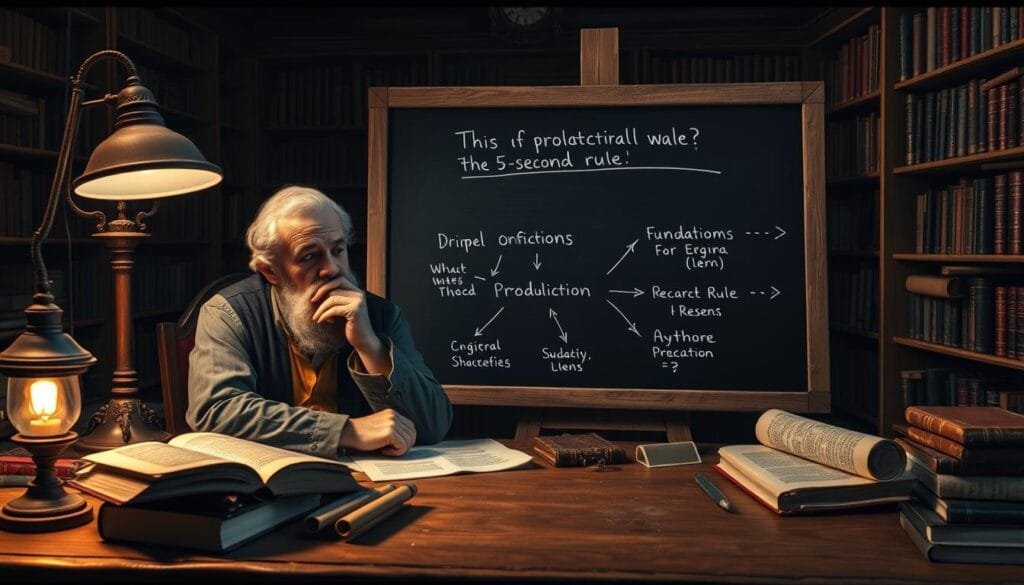A pensive philosopher sits at a wooden desk, surrounded by ancient tomes and scrolls. The warm glow of a lamp casts a contemplative ambiance, as they meticulously document the philosophical underpinnings of productivity techniques. In the middle ground, a chalkboard displays a diagram, outlining the origins and foundations of the "5-second rule." The background is a dimly lit, cozy study, with bookshelves lining the walls, hinting at the depth of knowledge within. The image conveys a sense of scholarly inquiry, where the pursuit of understanding the fundamental principles of productivity is paramount.