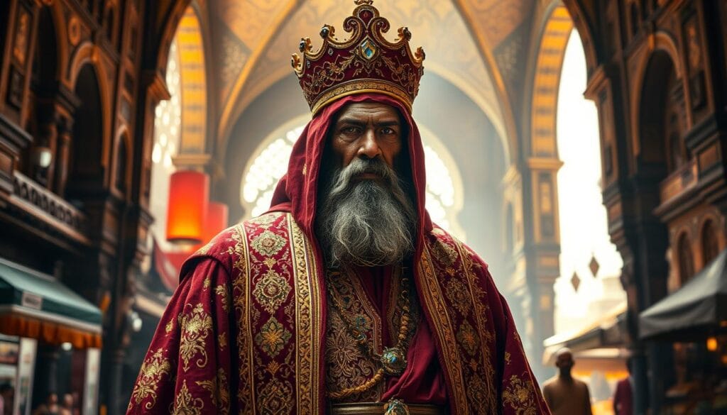 A regal figure, the Muerte Sultan Zanzibar, stands tall and imposing, shrouded in an ornate, richly-embroidered robe of burgundy and gold. His weathered face bears a stern expression, eyes piercing and unwavering, as he surveys the bustling marketplace before him, a backdrop of intricate, sun-dappled architecture and vibrant, colorful stalls. The light filters in through towering arches, casting a warm, dramatic glow that heightens the sense of drama and tension in the scene. The air is thick with the hum of activity and the scent of exotic spices, setting the stage for a conflict that will soon erupt, its origins rooted in the uneasy balance of power and the shifting tides of colonial ambition. A regal figure, the Muerte Sultan Zanzibar, stands tall and imposing, shrouded in an ornate, richly-embroidered robe of burgundy and gold. His weathered face bears a stern expression, eyes piercing and unwavering, as he surveys the bustling marketplace before him, a backdrop of intricate, sun-dappled architecture and vibrant, colorful stalls. The light filters in through towering arches, casting a warm, dramatic glow that heightens the sense of drama and tension in the scene. The air is thick with the hum of activity and the scent of exotic spices, setting the stage for a conflict that will soon erupt, its origins rooted in the uneasy balance of power and the shifting tides of colonial ambition.