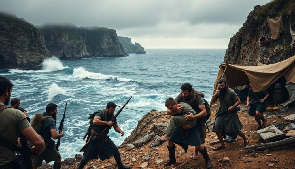 A remote, windswept island in the Aegean Sea, Farmakonisi. Dramatic cliffs and crashing waves set the stage for a harrowing event - the kidnapping of Julius Caesar by notorious pirates. In the foreground, a group of heavily armed brigands manhandle a fearful captive, their expressions hardened by years of lawlessness. The middle ground reveals the pirates' camp, a makeshift shelter of tarps and rope, while in the background the dramatic seascape stretches out, hinting at the vastness of the sea and the isolation of the island. Moody, overcast lighting casts long shadows, amplifying the tension and unease. The scene conveys the stark reality of Caesar's perilous predicament, setting the stage for the momentous events that would follow.