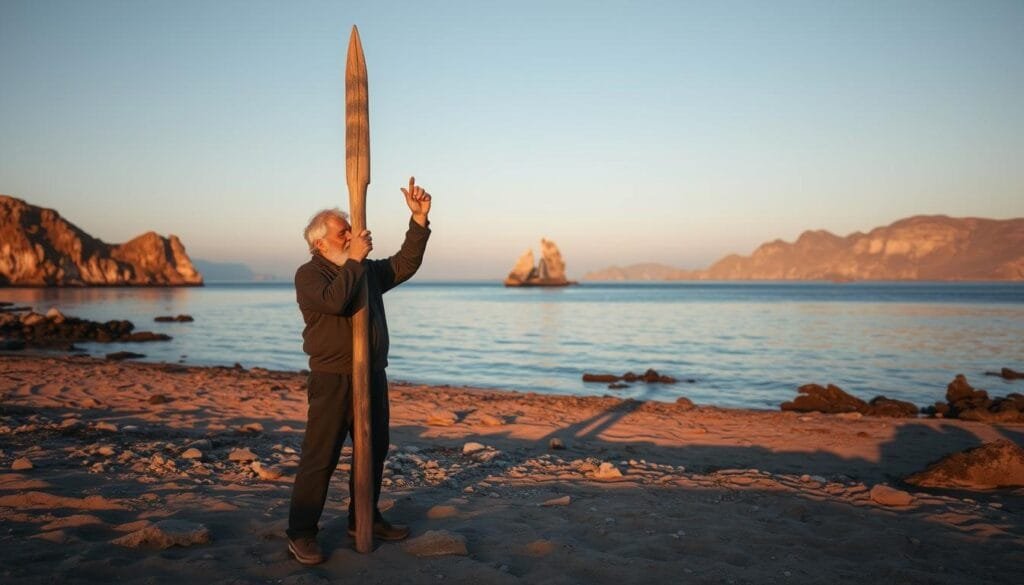 A rugged shoreline at dusk, the sun's last rays casting long shadows across the sand. In the foreground, a weathered wooden staff stands upright, its silhouette stretching across the ground. A sailor, his weathered face etched with years of experience, uses the shadow cast by the staff to determine the time and cardinal directions. In the middle ground, the calm, reflective surface of the ocean, mirroring the fading light. Distant cliffs and rocky outcroppings form the hazy background, hinting at the broader landscape. The scene conveys a sense of timeless, natural navigation, a testament to the ingenuity of seafarers before the age of modern instruments.
