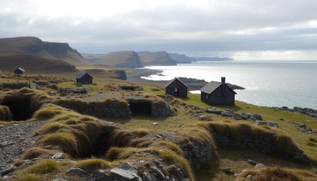 A rugged, windswept landscape of L'Anse aux Meadows, a historic archaeological site on the northern tip of Newfoundland, Canada. The foreground features well-preserved remnants of turf-walled buildings, partially buried in the rocky soil, hinting at the Viking presence here centuries ago. In the middle ground, weathered wooden structures stand, evoking the simple but sturdy architecture of the Norse explorers. The background is dominated by a dramatic coastal vista, with craggy cliffs, rolling hills, and the vast, steel-gray expanse of the North Atlantic. Sunlight filters through the clouds, casting a somber, contemplative mood over the scene. This is the tangible evidence of the earliest known European settlement in North America, a window into a pivotal chapter in history. A rugged, windswept landscape of L'Anse aux Meadows, a historic archaeological site on the northern tip of Newfoundland, Canada. The foreground features well-preserved remnants of turf-walled buildings, partially buried in the rocky soil, hinting at the Viking presence here centuries ago. In the middle ground, weathered wooden structures stand, evoking the simple but sturdy architecture of the Norse explorers. The background is dominated by a dramatic coastal vista, with craggy cliffs, rolling hills, and the vast, steel-gray expanse of the North Atlantic. Sunlight filters through the clouds, casting a somber, contemplative mood over the scene. This is the tangible evidence of the earliest known European settlement in North America, a window into a pivotal chapter in history.