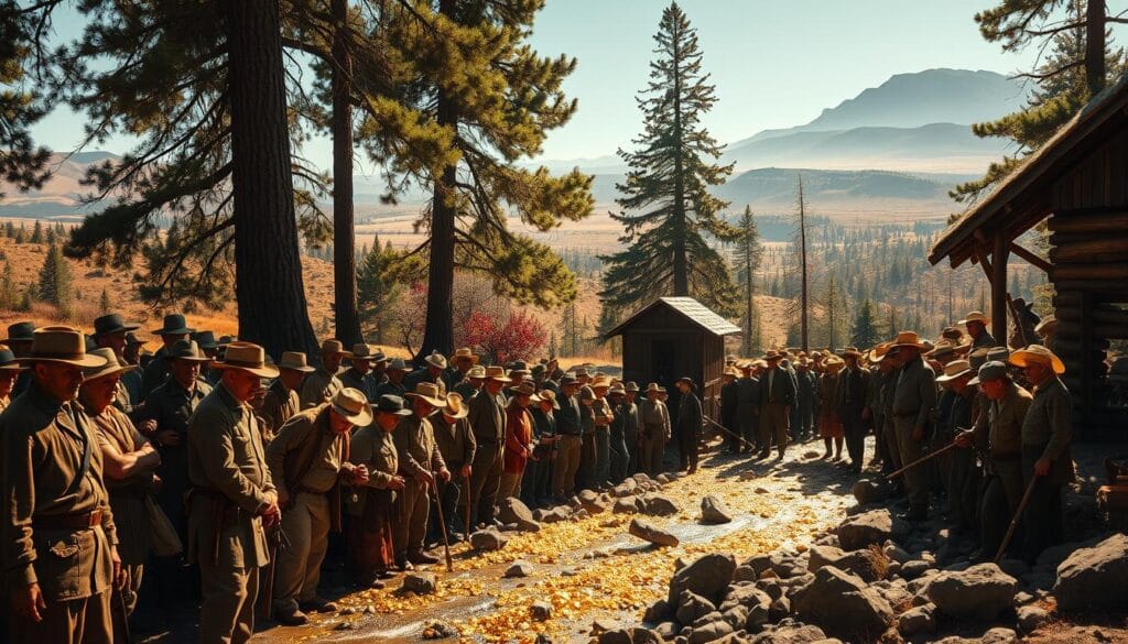 A rustic, sun-dappled scene at Sutter's Mill, California, 1848. In the foreground, a group of prospectors scrutinize glittering flakes of gold unearthed from the riverbed. Rugged pioneers in weathered garments crowd around, their faces etched with excitement and wonder. Towering pines line the banks, casting long shadows as the warm afternoon light filters through. In the middle ground, a small wooden structure - Sutter's humble sawmill - stands as the epicenter of this historic discovery, the catalyst for the legendary Gold Rush. The background fades into a hazy panorama of rolling hills and distant mountain peaks, hinting at the vast, untamed wilderness that would soon be transformed by the influx of fortune-seekers.