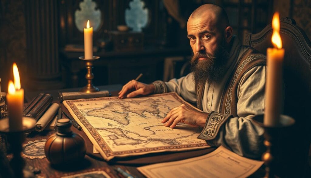 A scholarly Ottoman cartographer, seated at his desk, meticulously drafting a historical map. The workspace is illuminated by a warm, candlelit glow, casting a soft, amber hue over the scene. Intricate tools and parchments surround him, reflecting his dedication to the craft of mapmaking. His expression is one of deep focus, as he carefully plots the contours of distant lands, including the mysterious continent of Antarctica, free of ice in this ancient rendering. The atmosphere evokes a sense of discovery and intellectual curiosity, befitting the rich history and intriguing mysteries surrounding the Piri Reis map. A scholarly Ottoman cartographer, seated at his desk, meticulously drafting a historical map. The workspace is illuminated by a warm, candlelit glow, casting a soft, amber hue over the scene. Intricate tools and parchments surround him, reflecting his dedication to the craft of mapmaking. His expression is one of deep focus, as he carefully plots the contours of distant lands, including the mysterious continent of Antarctica, free of ice in this ancient rendering. The atmosphere evokes a sense of discovery and intellectual curiosity, befitting the rich history and intriguing mysteries surrounding the Piri Reis map.