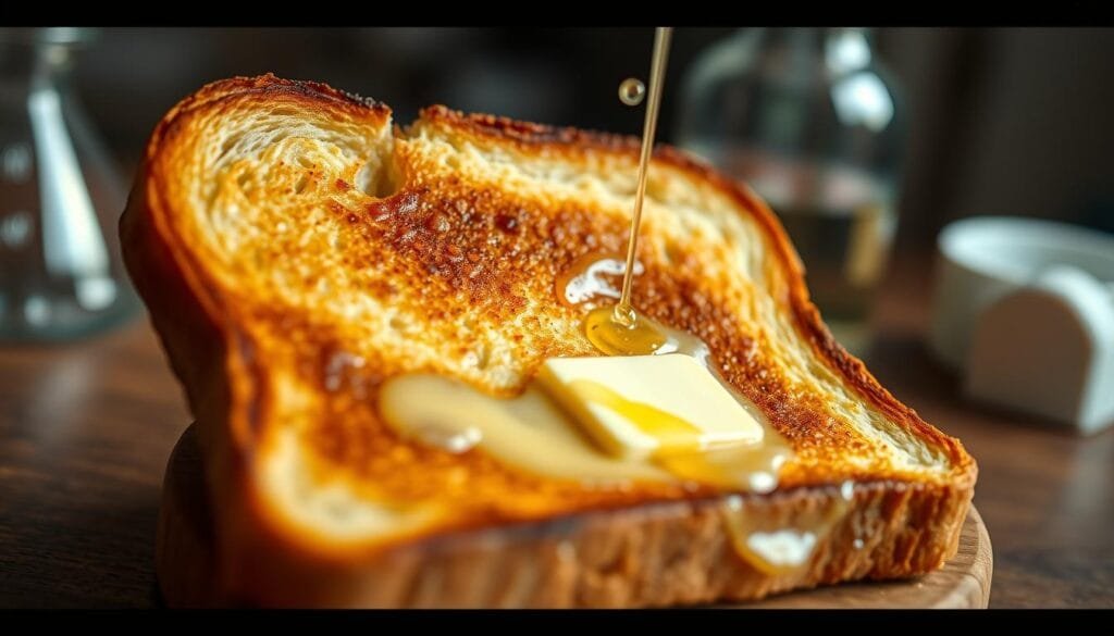 A scientific experiment featuring a freshly toasted slice of bread, its golden-brown surface glistening with melted butter. The setup is captured in a high-resolution, close-up photograph with a shallow depth of field, creating a captivating and visually striking composition. The lighting is natural and diffused, accentuating the textures and highlighting the subtle nuances of the toast and butter. The background is blurred, allowing the experiment to take center stage and command the viewer's attention. The overall mood is one of scientific curiosity and the exploration of the physical principles underlying the iconic "buttered toast" phenomenon.