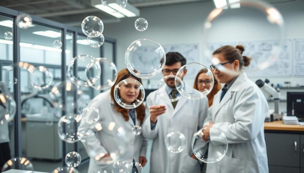 A scientific laboratory with a glass-walled observation area. In the foreground, clear plastic bubbles of various sizes float and sway, illuminated by soft, diffused lighting. The middle ground features researchers in white coats closely observing the bubbles, their expressions a mix of curiosity and amusement. The background showcases scientific equipment, charts, and diagrams, hinting at the underlying research. The scene conveys a sense of playful experimentation, where the simple pleasure of popping bubbles intersects with the pursuit of scientific understanding.