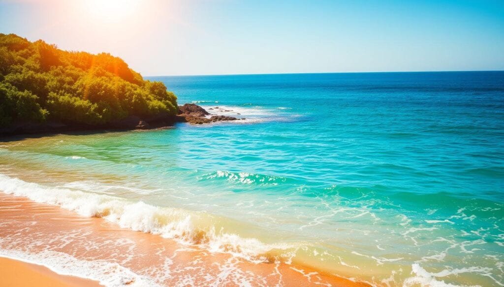 A serene coastal scene with brilliant sunlight casting a warm glow over the tranquil waters. In the foreground, crystal-clear turquoise waves gently lap against the sandy shore, their hues shifting from azure to emerald. The middle ground features lush, verdant foliage lining the coast, creating a vibrant contrast with the shimmering sea. In the background, a cloudless sky of the deepest, most mesmerizing blue stretches out, completed by a distant horizon where the ocean and sky seamlessly blend. The overall composition evokes a sense of harmony, inviting the viewer to immerse themselves in the beauty and wonder of the natural world.