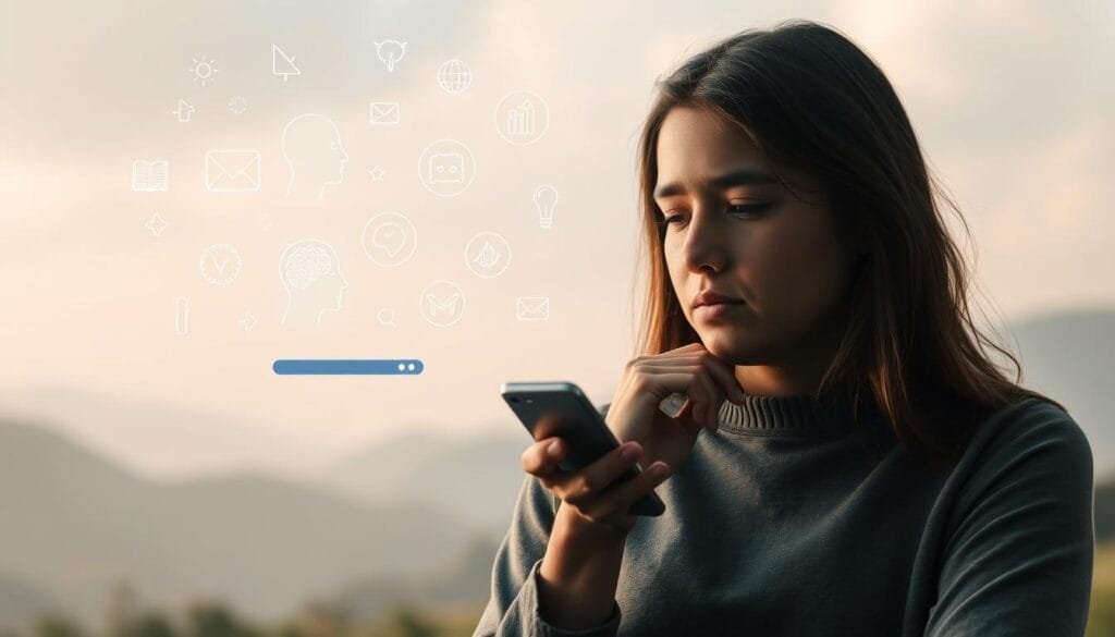 A serene digital landscape, with a thoughtful individual contemplating a smartphone, surrounded by ethereal mental health icons. Soft, diffused lighting casts a contemplative mood. The foreground features the person, deep in thought, hand resting on a hovering smartphone. The middle ground showcases abstract icons representing anxiety, depression, and other mental health impacts of technology. The background blends calming natural elements with digital patterns, creating a sense of balance between the physical and digital realms. Captured with a wide-angle lens to convey a sense of introspection and the larger contextual influence of technology on mental wellbeing.