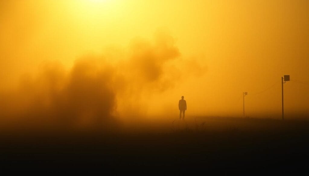 A serene, dimly lit scene depicting the fleeting nature of existence. In the foreground, a solitary figure standing amid a swirl of ethereal shadows, their form fading in and out of focus, symbolizing the transience of life. The middle ground is shrouded in a hazy mist, creating a sense of uncertainty and the unknown. In the distant background, a faint horizon line suggests the vastness of the universe, highlighting the insignificance of the individual. Warm, golden light filters through the mist, casting a melancholic glow over the entire scene, evoking a sense of introspection and personal reflection. The overall composition conveys a sense of solemnity and contemplation, inviting the viewer to ponder the nature of their own existence.