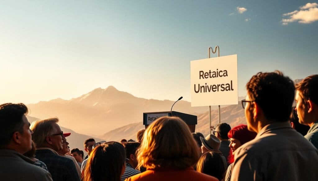 A serene landscape with a majestic mountain range in the background, bathed in warm, golden light. In the foreground, a group of diverse individuals engaged in a thoughtful discussion, their expressions conveying a sense of earnest deliberation. The midground features a podium with the words "Renta Básica Universal" prominently displayed, surrounded by a crowd of attentive listeners. The overall scene evokes a sense of ethical contemplation and political discourse, reflecting the foundational principles of universal basic income.