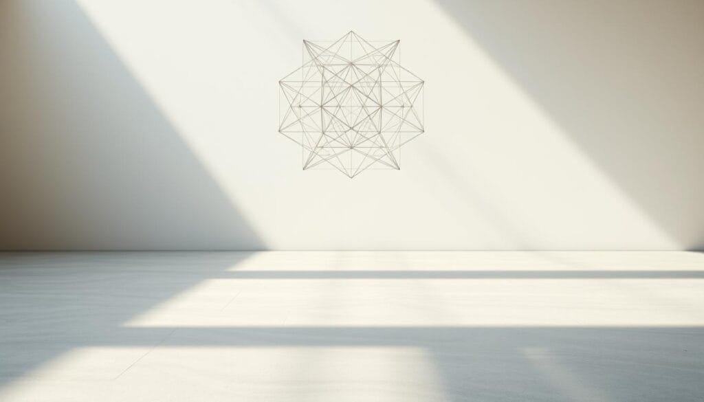 A serene, minimalist scene depicting the transition from concrete to abstract in mathematics. A smooth, polished concrete surface fills the foreground, casting soft shadows. Emerging from this, an elegant, geometric lattice of thin, metallic lines floats in the middle ground, casting intricate patterns of light and shadow. In the background, a subtly graded, abstract mathematical field of softly glowing, shifting forms evokes the realm of pure concepts. Soft, directional lighting bathes the entire scene in a tranquil, contemplative atmosphere, inviting the viewer to ponder the interplay of the physical and the theoretical.