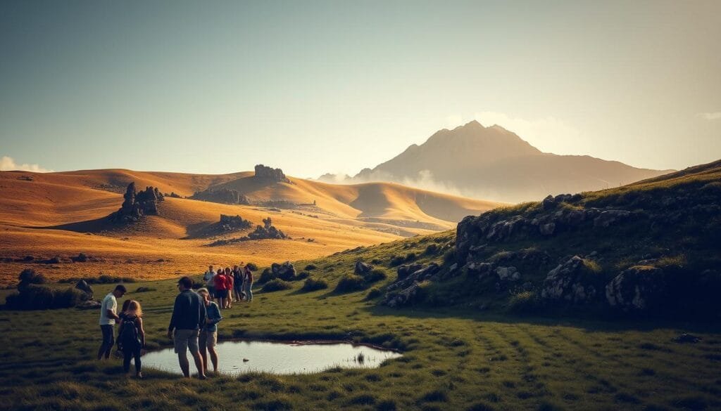 A serene outdoor scene of a lush, verdant meadow bathed in soft, golden sunlight. In the foreground, a group of people gather around a shallow pool, captivated by the earthy, aromatic scent of the petricor - the distinctive fragrance released by dry earth when it first encounters rain. The middle ground features rolling hills dotted with ancient, weathered rock formations, hinting at the geological history behind this natural phenomenon. In the background, a towering mountain range stands tall, its peaks shrouded in wispy clouds. The overall atmosphere conveys a sense of wonder, discovery, and connection to the natural world.