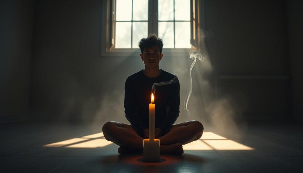 A serene, pensive scene set in a tranquil, dimly lit room. In the foreground, a person sits cross-legged, their gaze introspective as they ponder the nature of time, attention, memory, and emotion. Soft, warm lighting filters through a window, casting a gentle glow on their face and creating long shadows that stretch across the floor. In the middle ground, wisps of smoke curl upward from a burning candle, symbolizing the ephemeral nature of time. The background is hazy, out of focus, suggesting the subjective and often distorted perception of time influenced by our inner mental states. The overall atmosphere is one of contemplation, inviting the viewer to reflect on the complex interplay between cognition and the human experience of time.