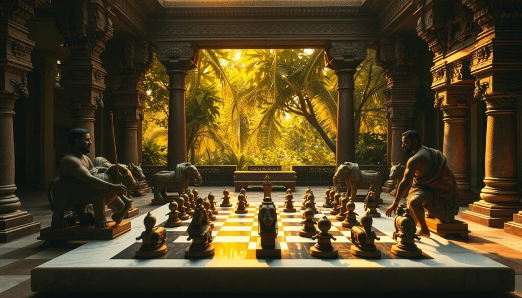 A serene temple courtyard in ancient India, dimly lit by warm, golden sunlight filtering through lush, verdant foliage. In the center, a group of scholars engage in a riveting game of Chaturanga, the progenitor of modern chess, their faces etched with intense concentration. The ornate marble chessboard gleams, each intricately carved piece - elephants, chariots, horses, and foot soldiers - a testament to the game's storied legacy. Intricate architectural details, such as ornate columns and ornamental reliefs, frame the scene, evoking a sense of timeless grandeur. The atmosphere is one of thoughtful contemplation, a tangible connection to the game's profound origins in the cradle of civilization.