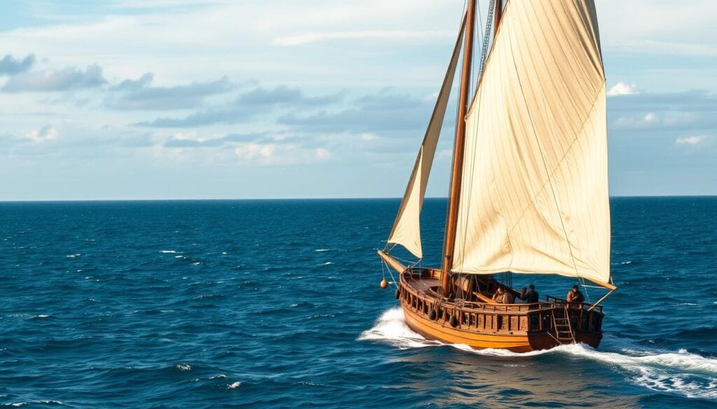 A serene transatlantic crossing in the 15th century, the wind-powered carrack ship slicing through the vast, undulating ocean. The foreground features the sturdy, timber-framed vessel, its sails billowing with the steady breeze, the crew working diligently on the deck. In the middle ground, the horizon line stretches out, a blend of azure sky and cerulean sea, with the occasional wisp of cloud drifting overhead. The background is dominated by the endless expanse of the Atlantic, its waves gently lapping against the hull, hinting at the journey's long and perilous nature. The overall mood is one of adventure and discovery, as the ship continues its accidental voyage towards the New World. A serene transatlantic crossing in the 15th century, the wind-powered carrack ship slicing through the vast, undulating ocean. The foreground features the sturdy, timber-framed vessel, its sails billowing with the steady breeze, the crew working diligently on the deck. In the middle ground, the horizon line stretches out, a blend of azure sky and cerulean sea, with the occasional wisp of cloud drifting overhead. The background is dominated by the endless expanse of the Atlantic, its waves gently lapping against the hull, hinting at the journey's long and perilous nature. The overall mood is one of adventure and discovery, as the ship continues its accidental voyage towards the New World.