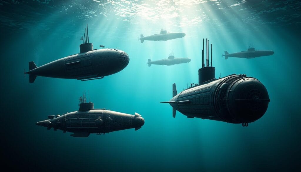 A series of detailed historic submarine designs, showcased in a dramatic underwater scene. In the foreground, the iconic 18th century Turtle submarine and the 19th century Nautilus from 20,000 Leagues Under the Sea, rendered in intricate mechanical detail. In the middle ground, the Ictíneo I, the first modern submarine, moving gracefully through the blue-green depths. In the background, a shadowy silhouette of the early 20th century U-boats, their sleek profiles cutting through the murky waters. The scene is lit by a shaft of sunlight filtering down from the surface, casting dramatic shadows and highlights across the submarines' forms. The overall mood is one of claustrophobic enclosure, yet also a sense of pioneering exploration into the unknown.