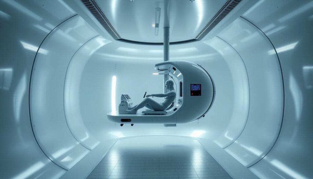 A sleek, futuristic exercise module floats in the weightless environment of an artificial gravity chamber. Smooth, metallic surfaces reflect the gentle glow of overhead lighting, creating a serene, meditative atmosphere. Compact exercise equipment is strategically positioned, allowing astronauts to maintain physical fitness while immersed in the simulated gravity. The module is designed with ergonomics and efficiency in mind, seamlessly integrating the human form with the technological systems that generate the artificial pull of gravity. Streamlined interfaces and intuitive controls suggest a harmonious collaboration between man and machine, enabling a seamless workout experience in the confined, yet sophisticated, spatial setting.