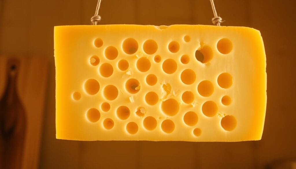 A slice of Swiss cheese suspended in a softly lit, rustic setting. The smooth, pale yellow exterior gives way to a grid of evenly spaced, perfectly round holes. The cheese's internal structure is revealed, showcasing the intricate network of air pockets that give Swiss cheese its distinctive appearance. The lighting casts warm, golden tones, highlighting the textural contrast between the dense cheese and the airy cavities. The composition focuses on the cheese, isolating it against a simple, neutral background that allows the holes to take center stage. An image that captures the science and artistry behind the creation of these unique dairy delights.