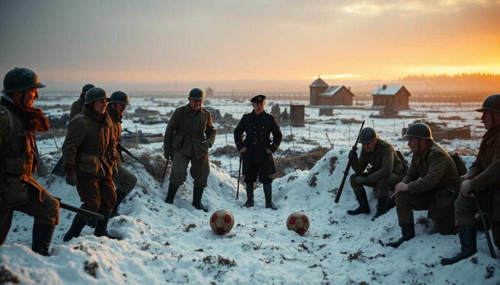 A snow-covered World War I battlefield, soldiers from opposing armies fraternizing in the trenches. In the foreground, British and German troops engage in a friendly football match, their uniforms weathered, faces illuminated by the setting sun. In the middle ground, officers observe the scene, their stern expressions softening as they witness the unexpected camaraderie. The background is a panorama of shell-pocked earth, barbed wire, and ruined buildings, a stark contrast to the human connection unfolding before them. The composition is cinematic, with a shallow depth of field and warm, golden lighting that imbues the moment with a sense of melancholy and wonder.