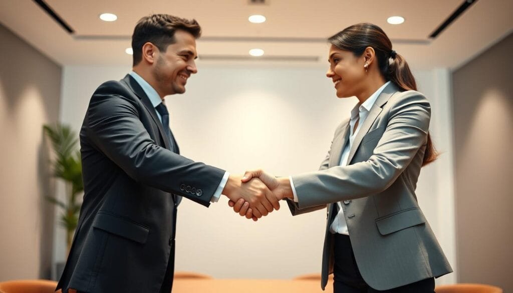 A sophisticated modern handshake etiquette scene. In the foreground, two businesspeople in formal attire firmly yet cordially shake hands, conveying professionalism and respect. The mid-ground showcases their purposeful, confident posture and eye contact. The background is a minimalist, well-lit office interior with clean lines and muted tones, highlighting the formality and importance of the handshake gesture. Soft, even lighting from multiple angles accentuates the subjects' expressions and the tactile quality of the handshake. A high-resolution, detailed, photorealistic image capturing the nuanced etiquette and scientific aspects of the modern professional handshake.