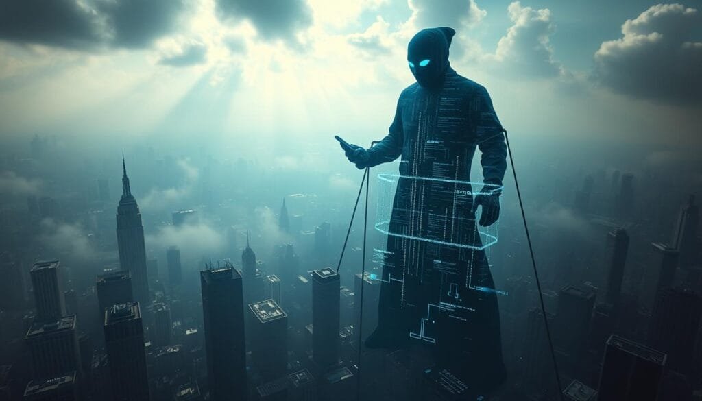 A sprawling cityscape shrouded in a digital haze, skyscrapers and towers casting long shadows over a bustling metropolis. In the foreground, a holographic interface manifests, glowing with streams of data and code, symbols of governmental control and surveillance. Towering figures, their faces obscured by digital masks, loom over the scene, puppeteering the flow of information and the lives of the citizenry below. The atmosphere is one of unease and encroaching authoritarianism, a cautionary tale of the perils of unfettered technological power in the hands of the few. Wide-angle lens, dramatic chiaroscuro lighting, cinematic composition.