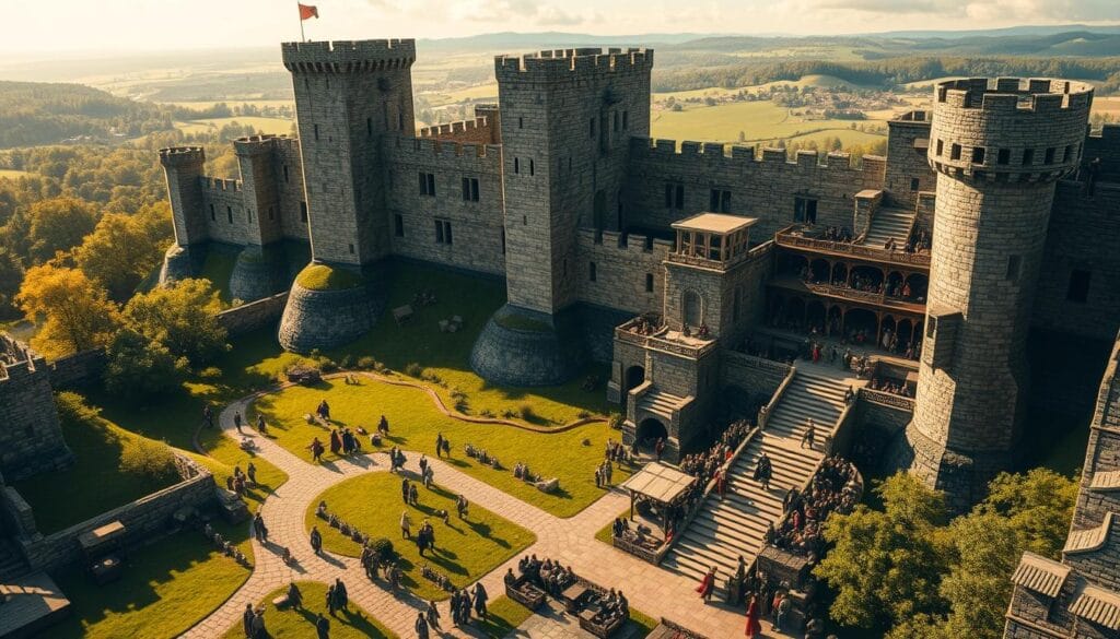 A sprawling medieval castle stands proud, its imposing stone walls and grand towers casting long shadows across the lush, verdant landscape. In the foreground, a bustling courtyard teems with activity - servants hurry with baskets, soldiers patrol the grounds, and tradespeople barter their wares. Ascending the winding stairs, we glimpse the intricate hierarchy within, with nobles in resplendent attire overseeing the daily operations. The great hall echoes with the sounds of feasting and laughter, while in the shadows, the whispers of scheming and intrigue linger. Bathed in warm, golden light, this scene captures the lived reality of life in a medieval castle - a complex tapestry of power, duty, and the gritty realities of the past.