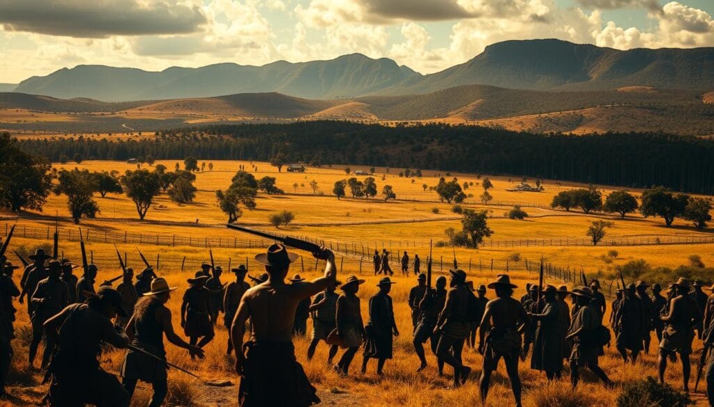 A sprawling rural landscape in 19th century colonial Australia, where the conflict over land ownership rages on. In the foreground, a group of armed settlers confront a band of defiant indigenous people, their anger and desperation palpable. The middle ground is a patchwork of fenced fields and scattered homesteads, reflecting the contested nature of the land. In the background, rugged hills and dense forests loom, suggesting the untamed wilderness that lies beyond the fragile settlements. The scene is bathed in warm, golden sunlight, casting dramatic shadows and creating a sense of tension and high drama. The composition is cinematic, with a wide angle lens that captures the sweeping scale of the conflict. An air of unease and impending violence hangs heavy over the land.