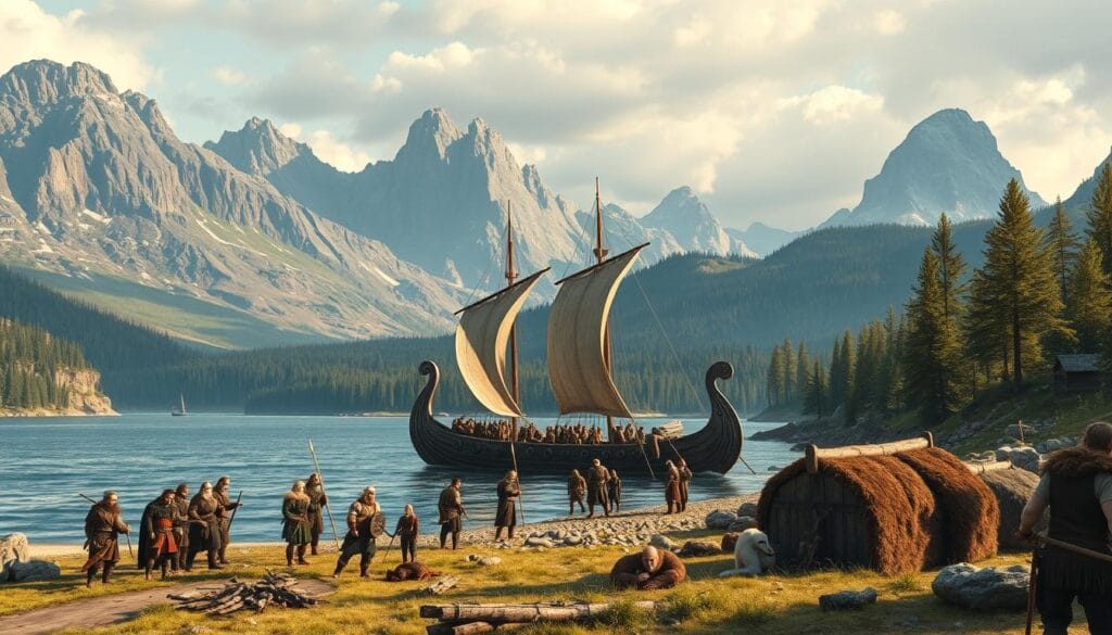 A sprawling scene of Norse explorers and settlers amid the rugged landscapes of North America, 500 years before Columbus. In the foreground, a group of Viking warriors and craftspeople engage in daily activities, their furs and leatherwork illuminated by warm, natural lighting. In the middle ground, a longship rests on the shore, its carved prow and billowing sails evoking the seafaring spirit of the Norsemen. In the distance, towering mountains and verdant forests stretch out, hinting at the vast, untamed wilderness the Vikings encountered. The overall atmosphere conveys a sense of discovery, adaptation, and the forging of a new chapter in the sagas of Nordic exploration. A sprawling scene of Norse explorers and settlers amid the rugged landscapes of North America, 500 years before Columbus. In the foreground, a group of Viking warriors and craftspeople engage in daily activities, their furs and leatherwork illuminated by warm, natural lighting. In the middle ground, a longship rests on the shore, its carved prow and billowing sails evoking the seafaring spirit of the Norsemen. In the distance, towering mountains and verdant forests stretch out, hinting at the vast, untamed wilderness the Vikings encountered. The overall atmosphere conveys a sense of discovery, adaptation, and the forging of a new chapter in the sagas of Nordic exploration.