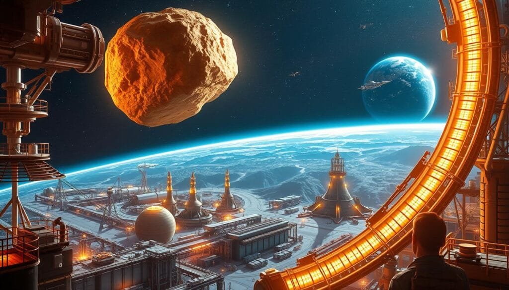 A sprawling space-based industrial complex, with gleaming factories, mining facilities, and orbital habitats. In the foreground, a majestic asteroid of solid gold, drifting against the backdrop of the cosmos. Powerful tractor beams and mining equipment surround the celestial treasure, as engineers in sleek spacesuits oversee the extraction process. The middle ground features a bustling hub of activity, with spaceships ferrying resources and personnel between the various facilities. In the distance, a stunning view of the Earth, a vibrant blue marble, as the global economy is transformed by this unprecedented cosmic windfall. Warm, high-contrast lighting illuminates the scene, creating a sense of awe and technological prowess. An image that captures the transformative potential of space-based resources and the dawn of a new era in global economics.
