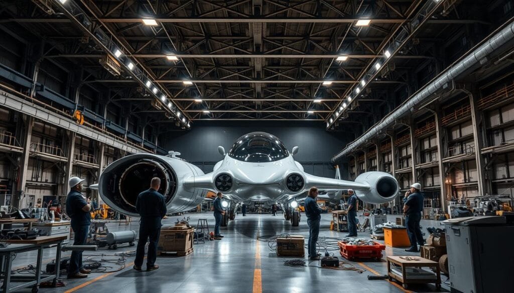A sprawling spacecraft hangar, illuminated by harsh overhead lighting that casts dramatic shadows. In the foreground, a team of engineers scrutinize a sleek, futuristic spacecraft, examining its intricate components and testing systems. In the middle ground, various specialized tools and equipment are scattered around, while in the background, other vessels are visible, hinting at the scale and complexity of the engineering challenges faced. The atmosphere is one of intense focus and problem-solving, with the engineers grappling with the unique demands of space travel and the quest for artificial gravity.