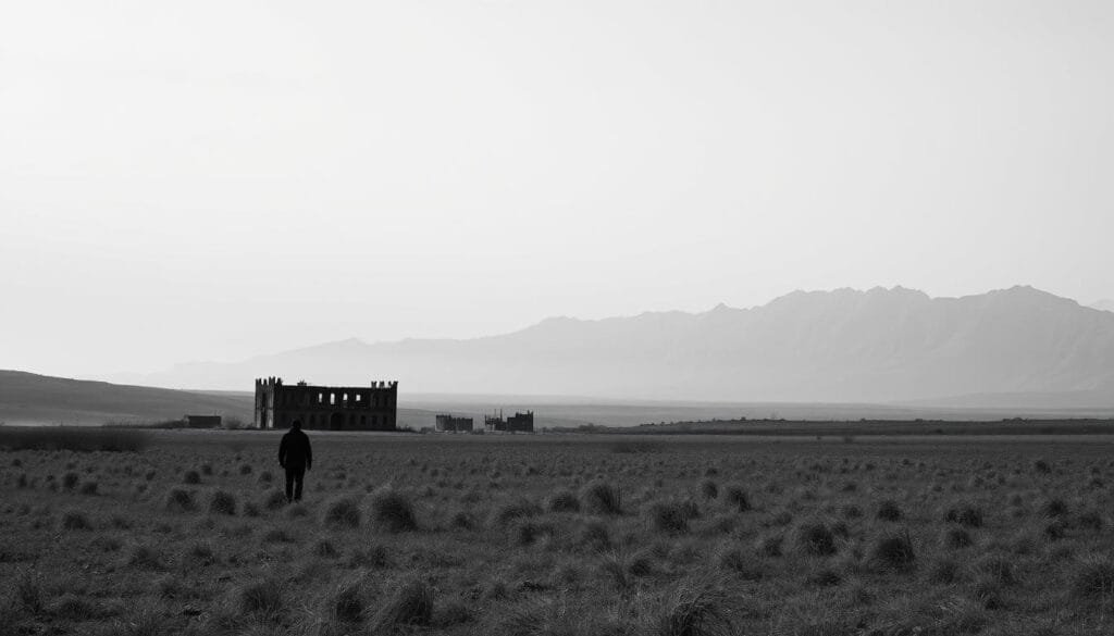 A stark, monochromatic landscape devoid of color. A world reduced to shades of grey, where the contrast of light and shadow defines the form. In the foreground, a solitary figure stands amidst a barren, windswept field, their silhouette stark against the hazy, overcast sky. The middle ground reveals a desolate, abandoned building, its architectural details etched in stark relief. In the distance, a range of jagged, monolithic mountains rises, their rugged peaks cutting into the dull, monotonous horizon. The scene conveys a sense of isolation, introspection, and the profound impact of a world without the vibrancy of color.
