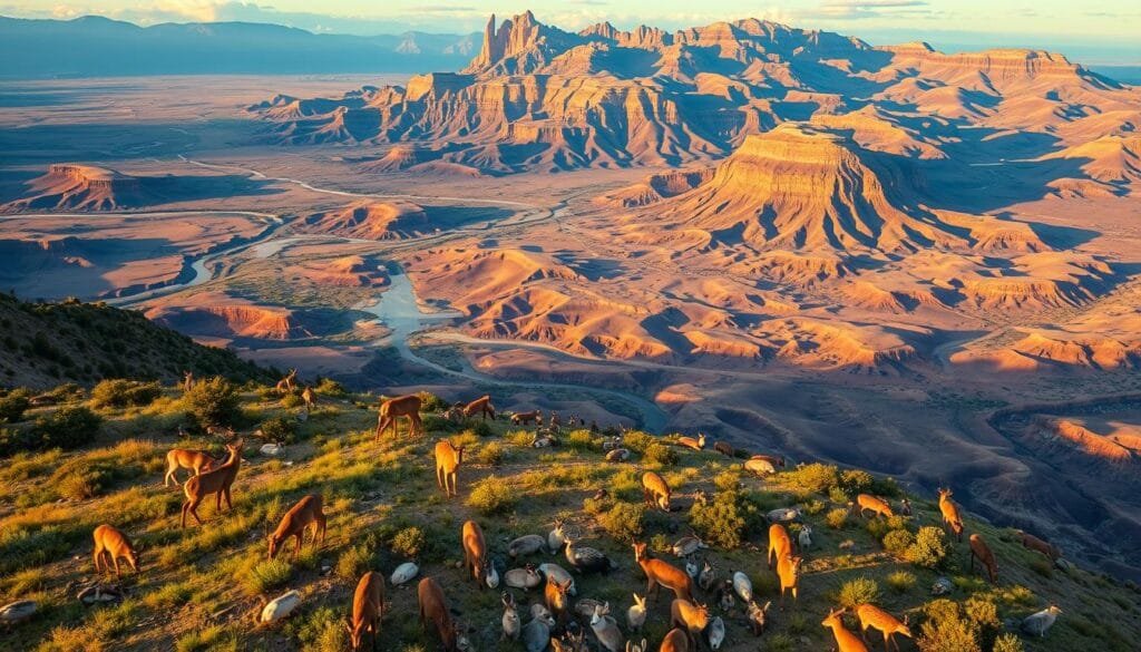 A striking aerial view of the United States, with lush, vibrant landscapes transitioning into arid, desert regions. In the foreground, a diverse array of wildlife - deer, rabbits, and various bird species - graze peacefully, their behavior contrasting the typical predator-prey dynamic. The middle ground features rolling hills and winding rivers, while the distant background is dominated by towering mountain peaks bathed in warm, golden light. The scene conveys a sense of harmonious coexistence, where the natural balance has been disrupted, hinting at the potential consequences of a shift in the food chain. The overall mood is contemplative, inviting the viewer to ponder the delicate interconnectedness of ecosystems.