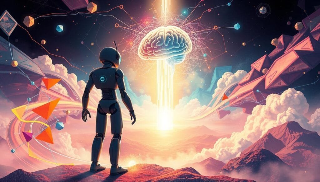 A striking digital illustration depicting the intersection of artificial intelligence and human creativity. In the foreground, an android figure stands amidst a swirling vortex of abstract geometric shapes and vibrant colors, symbolizing the generative power of AI. In the middle ground, a human brain hovers, emanating neural pathways that intertwine with the AI elements, suggesting the symbiotic relationship between machine and mind. The background is a dreamlike, surreal landscape, hinting at the boundless potential of this collaboration. The lighting is dramatic, with contrasting areas of light and shadow, evoking a sense of depth and mystery. The overall mood is one of awe and discovery, capturing the profound impact of AI on the creative process.