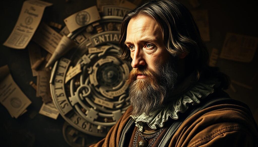 A striking portrait of the duality of the creative genius, with Leonardo da Vinci as the central figure. In the foreground, a pensive Leonardo, lost in thought, his face reflecting the intensity of his intellect. Behind him, a swirling vortex of ideas, sketches, and half-realized inventions, symbolizing the boundless creativity that both defined and challenged him. The lighting is dramatic, casting deep shadows and highlighting the contrast between the man and the chaos around him. The composition is balanced, with Leonardo as the calm center, surrounded by the turbulent energy of his restless mind. The overall atmosphere is one of contemplation and the tension between the extraordinary and the flawed, capturing the essence of "the duality of the creative genius." A striking portrait of the duality of the creative genius, with Leonardo da Vinci as the central figure. In the foreground, a pensive Leonardo, lost in thought, his face reflecting the intensity of his intellect. Behind him, a swirling vortex of ideas, sketches, and half-realized inventions, symbolizing the boundless creativity that both defined and challenged him. The lighting is dramatic, casting deep shadows and highlighting the contrast between the man and the chaos around him. The composition is balanced, with Leonardo as the calm center, surrounded by the turbulent energy of his restless mind. The overall atmosphere is one of contemplation and the tension between the extraordinary and the flawed, capturing the essence of "the duality of the creative genius."