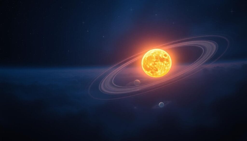 A stunning panoramic view of the solar system, bathed in an ethereal blue-violet glow. In the foreground, the planets orbit gracefully, their vibrant colors and intricate details meticulously rendered. The Sun, a brilliant sphere of golden light, sits at the center, its radiance dimmed to a faint, eerie ember. The middle ground is shrouded in a veil of swirling cosmic dust, while the distant stars twinkle against a deep, inky blackness, conveying a sense of isolation and the profound consequences of the Sun's sudden disappearance. The lighting is soft and atmospheric, creating a sense of melancholy and unease, perfectly capturing the "Efectos devastadores" of a solar system plunged into darkness.