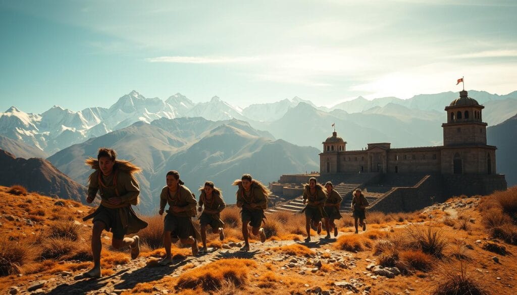 A stunning vista of the Inca Empire's renowned chasquis, the legendary long-distance runners who delivered messages and goods across the vast Andean landscape. In the foreground, a group of chasquis clad in traditional garments sprint across a rugged, sun-dappled trail, their faces etched with determination. In the middle ground, snow-capped Andean peaks rise majestically, while in the background, the grand architecture of an Inca outpost or relay station stands as a testament to the empire's advanced infrastructure. The scene is bathed in warm, golden light, conveying a sense of historical grandeur and the awe-inspiring feats of these incredible athletes. A stunning vista of the Inca Empire's renowned chasquis, the legendary long-distance runners who delivered messages and goods across the vast Andean landscape. In the foreground, a group of chasquis clad in traditional garments sprint across a rugged, sun-dappled trail, their faces etched with determination. In the middle ground, snow-capped Andean peaks rise majestically, while in the background, the grand architecture of an Inca outpost or relay station stands as a testament to the empire's advanced infrastructure. The scene is bathed in warm, golden light, conveying a sense of historical grandeur and the awe-inspiring feats of these incredible athletes.