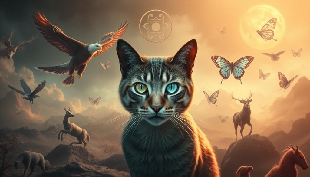 A surreal dream landscape, illuminated by a soft, warm glow. In the foreground, a mesmerizing feline figure emerges, its eyes sparkling with otherworldly wisdom. Surrounding it, a kaleidoscope of animal symbols - a soaring eagle, a majestic stag, a graceful butterfly - each representing a deeper layer of dream symbolism. The middle ground is a dreamscape of floating, ethereal forms, hinting at the subconscious realms where these animal archetypes reside. In the background, a hazy, mystical backdrop sets the stage for this symbolic menagerie, inviting the viewer to explore the profound connections between the animal world and the world of dreams. A surreal dream landscape, illuminated by a soft, warm glow. In the foreground, a mesmerizing feline figure emerges, its eyes sparkling with otherworldly wisdom. Surrounding it, a kaleidoscope of animal symbols - a soaring eagle, a majestic stag, a graceful butterfly - each representing a deeper layer of dream symbolism. The middle ground is a dreamscape of floating, ethereal forms, hinting at the subconscious realms where these animal archetypes reside. In the background, a hazy, mystical backdrop sets the stage for this symbolic menagerie, inviting the viewer to explore the profound connections between the animal world and the world of dreams.