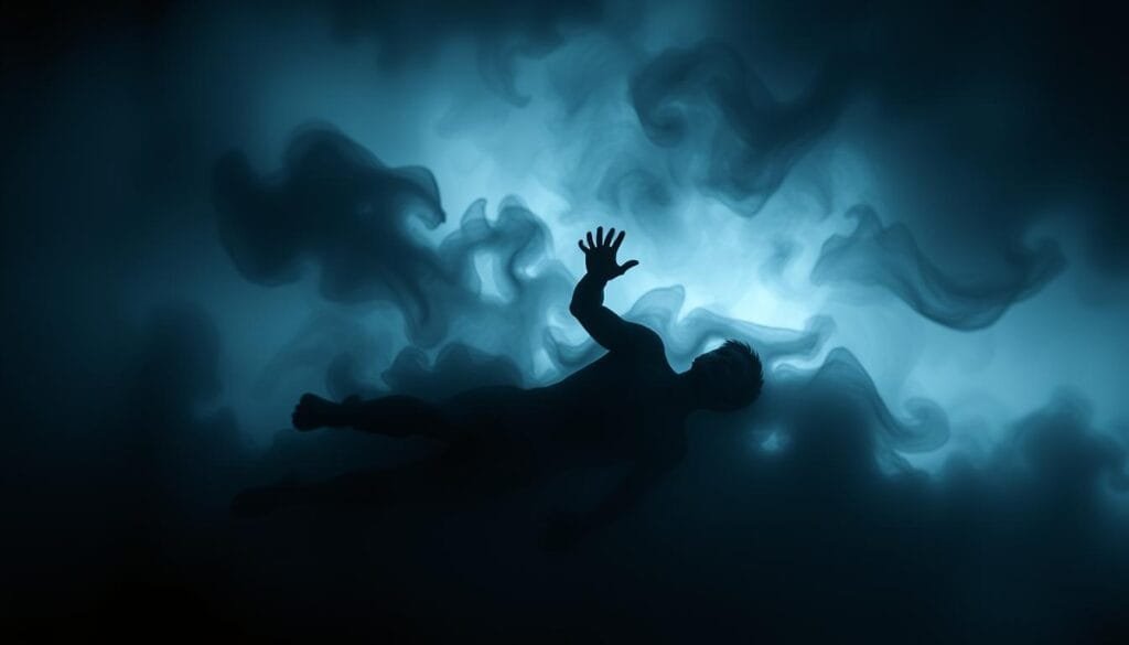 A surreal, dreamlike scene depicting the disruption of peaceful sleep. In the foreground, a figure appears to be startled, mid-fall, against a swirling, ethereal backdrop. Muted hues of blues and grays create a sense of unease, with subtle hints of warmer tones breaking through the shadows. The composition conveys a sense of movement and unbalance, reflecting the unsettling experience of the hypnic jerk. Dramatic lighting casts dramatic shadows, adding depth and a sense of the subconscious. The overall mood is one of disruption, unease, and the visceral impact of interrupted slumber. A surreal, dreamlike scene depicting the disruption of peaceful sleep. In the foreground, a figure appears to be startled, mid-fall, against a swirling, ethereal backdrop. Muted hues of blues and grays create a sense of unease, with subtle hints of warmer tones breaking through the shadows. The composition conveys a sense of movement and unbalance, reflecting the unsettling experience of the hypnic jerk. Dramatic lighting casts dramatic shadows, adding depth and a sense of the subconscious. The overall mood is one of disruption, unease, and the visceral impact of interrupted slumber.