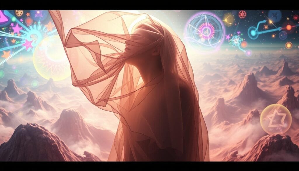 A surreal dreamscape filled with vibrant, ethereal imagery. In the foreground, a figure enveloped in a veil of shimmering mist, their face obscured by a kaleidoscope of morphing shapes and colors. Swirling patterns of light and shadow dance across the middle ground, creating a sense of depth and movement. In the background, a vast, undulating landscape of fantastical forms, blending seamlessly with the dreamlike atmosphere. Soft, diffused lighting illuminates the scene, evoking a sense of tranquility and wonder. Captured through the lens of a high-resolution camera with a wide-angle perspective, the image immerses the viewer in the captivating realm of the subconscious.