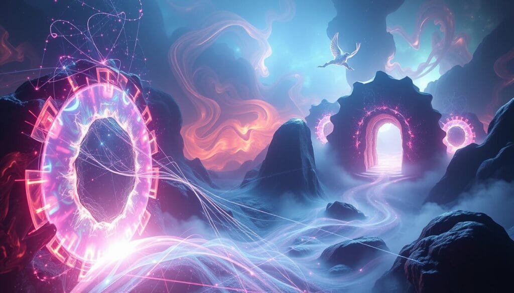 A surreal dreamscape where parallel dimensions intertwine, casting ethereal connections between unseen realms. In the foreground, iridescent portals pulsate with otherworldly energy, beckoning the viewer to peer beyond the veil of reality. Swirling colors and amorphous forms in the middle ground suggest the fluid, ever-shifting nature of these alternate realities. The background is shrouded in a mystical haze, hinting at the vast, unexplored vastness of the multiverse. Dramatic lighting casts dramatic shadows, enhancing the sense of mystery and the unknown. Captured through a wide-angle lens, the composition conveys a sense of awe and wonder at the boundless possibilities of dream-like dimensions.