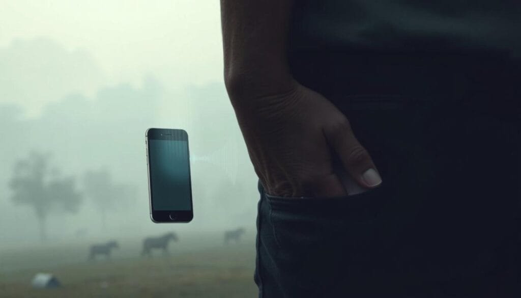 A surreal illustration of "síndrome vibración fantasma". In the foreground, a person's hand reaches into their pocket, conveying the sensation of a phantom vibration. The middle ground features a ghostly, semi-transparent smartphone hovering, emitting a faint vibration effect. The background is a hazy, dreamlike landscape, creating an atmosphere of subtle unease and the unsettling nature of this peculiar phenomenon. Soft, diffused lighting and a muted color palette lend an ethereal, almost psychological quality to the scene. The overall composition evokes the mind's tendency to perceive sensations that are not physically present, reflecting the nature of "síndrome vibración fantasma".
