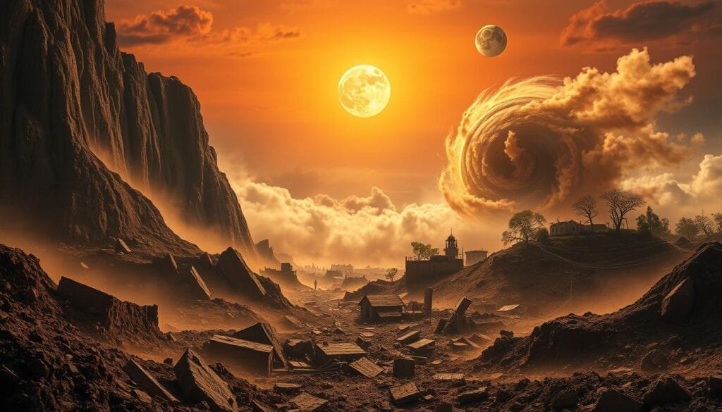 A surreal landscape depicting the devastating impact of a sudden halt in Earth's rotation. In the foreground, towering walls of earth and rock lurch skyward, fracturing the ground in chaotic patterns. The middle ground is shrouded in billowing clouds of dust and debris, obscuring the once-familiar terrain. In the distance, a violent whirlwind of displaced air churns, ripping trees and structures from their foundations. The sky is cast in an eerie orange glow, as the sun and moon hang motionless, their usual rhythmic dance disrupted. An atmosphere of overwhelming dread and destruction permeates the scene, a stark warning of the cataclysmic consequences should our planet's rotation cease.