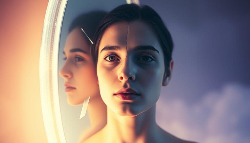 A surreal portrait of a person's inner experiences, reflected in a mirror that seems to have a mind of its own. The subject stands before a glowing, ethereal mirror, their face fractured and distorted, revealing a deeper emotional landscape. Soft, diffused lighting casts an otherworldly glow, while the background fades into an abstract, dreamlike realm, hinting at the subconscious forces at play. The mirror's surface ripples and shifts, as if the subject's thoughts and feelings are coming alive, blurring the line between reality and the realm of the mind. A sense of introspection and the exploration of personal experiences permeates the scene.