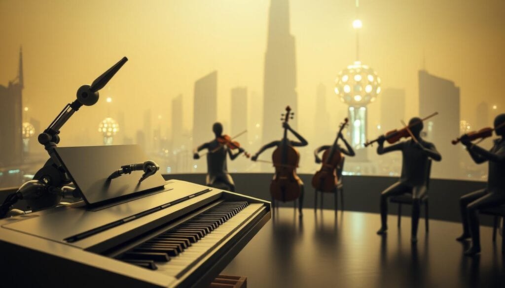 A surreal scene of autonomous musical technology. In the foreground, a sleek, self-playing piano with metallic keys and a robotic arm that dances across the keys, producing a hauntingly beautiful melody. In the middle ground, a quartet of self-playing string instruments, their bows moving with graceful precision, creating a harmonious accompaniment. The background is a hazy, futuristic cityscape with towering skyscrapers and glowing technological structures, evoking a sense of innovation and progress. The lighting is soft and ethereal, casting a warm glow on the autonomous instruments, as if they are imbued with a sentient, emotional quality. The composition is balanced and visually striking, capturing the essence of "Instrumentos tocan solos" - a technological marvel that elicits profound emotional responses.